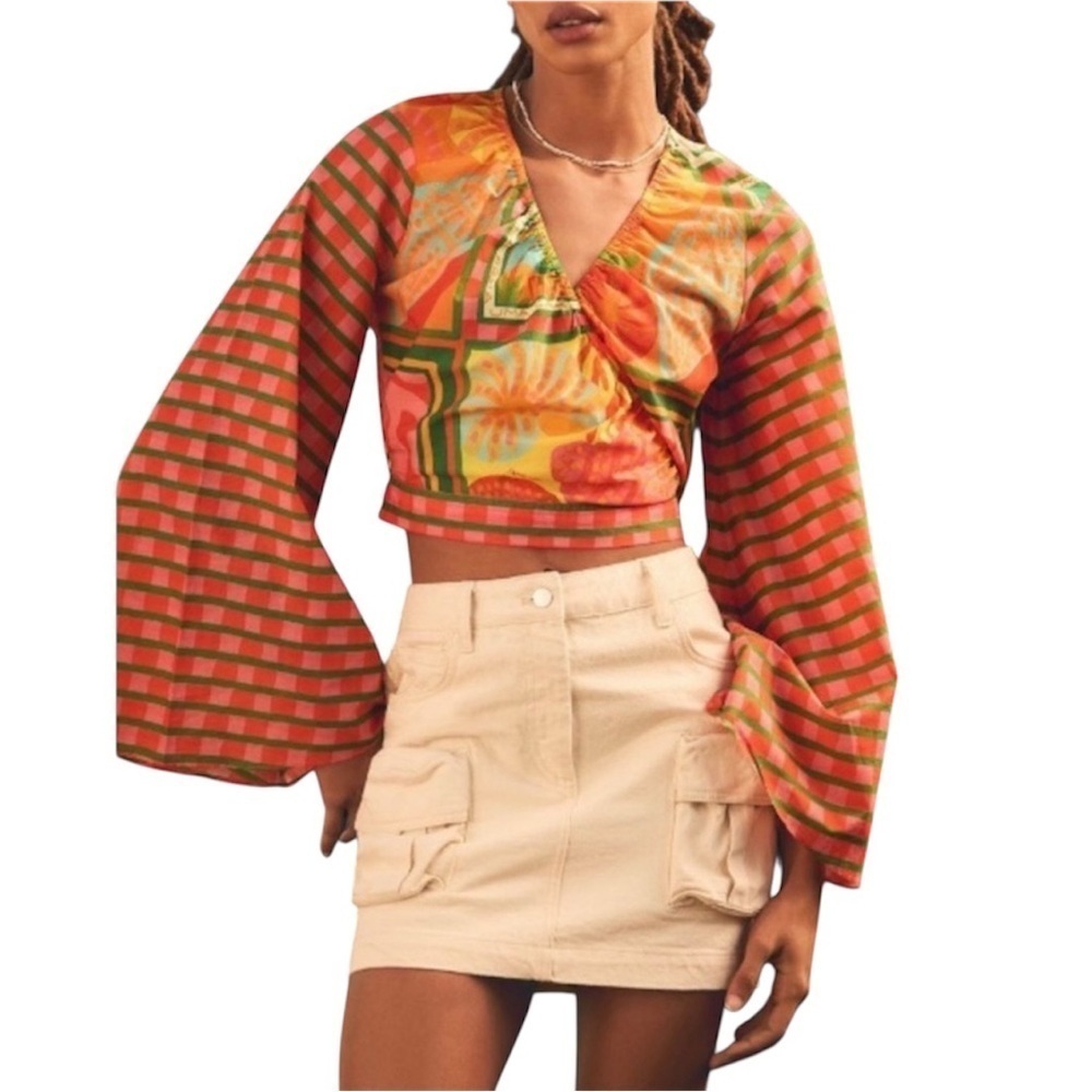 NEW Farm Rio x Anthropologie Bell-Sleeve Wrap Top Large